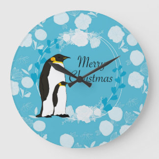 vrolijke kerst, kerst, pinguïn, bloemen, blauw, grote klok
