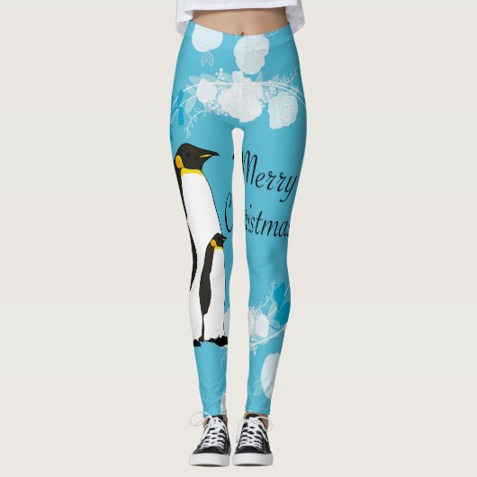 vrolijke kerst, kerst, pinguïn, bloemen, blauw, leggings (Voorkant)