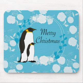 vrolijke kerst, kerst, pinguïn, bloemen, blauw, muismat