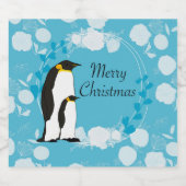 vrolijke kerst, kerst, pinguïn, bloemen, blauw, sparkling wijnetiket (Enkel label)