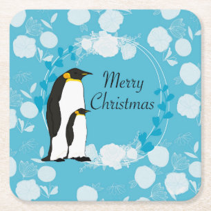 vrolijke kerst , kerst , pinguïn , bloemen kartonnen onderzetters