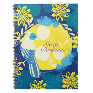 vrolijke kerst , kerst , vogel , bloemen , natuur notitieboek