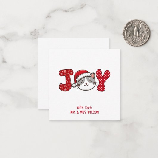 Vrolijke kerst Kitty Cat "JOY" Notitiekaartje (Voorkant / Achterkant in situ)