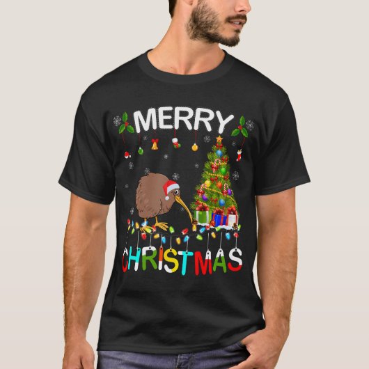 Vrolijke Kerst Kiwi Kerstman Hoed Lichten Xmas Kiw T-shirt (Voorkant)