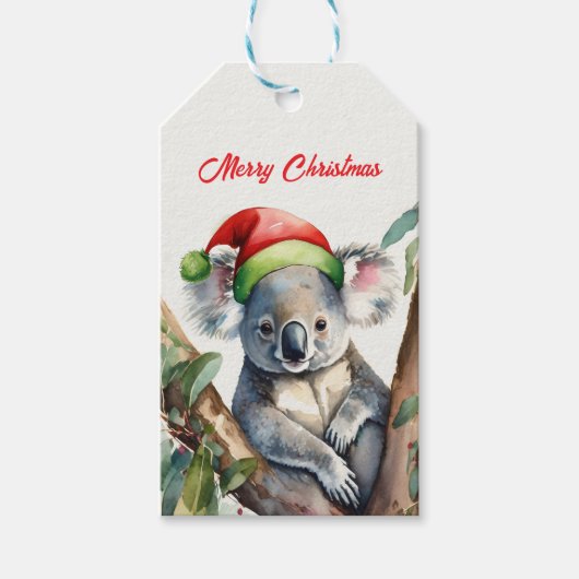 Vrolijke Kerst Koala zit in Gumtree Cadeaulabel (Voorkant)