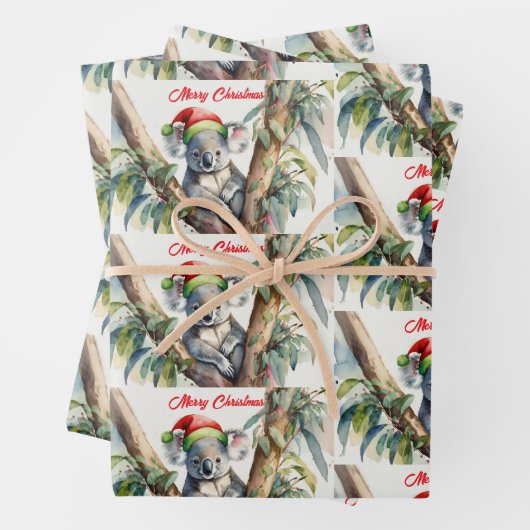 Vrolijke Kerst Koala zit in Gumtree Inpakpapier Vel (In situ)
