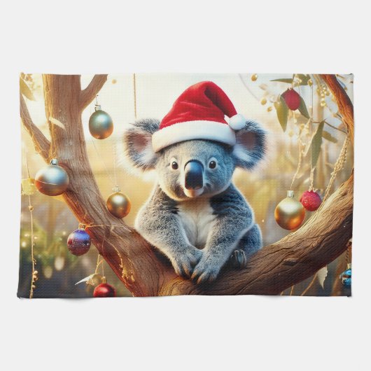 Vrolijke Kerst Koala zit in Gumtree Theedoek (Horizontaal)