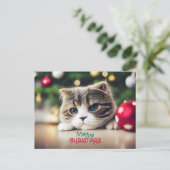 Vrolijke Kerst Leuke Kat met Blauwe Ogen Feestdagenkaart (Staand voorkant)
