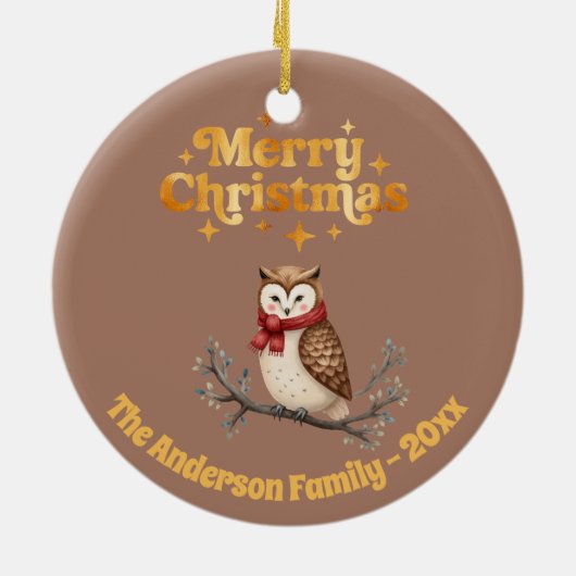 Vrolijke kerst mocha goud schattige uil keramisch ornament (Achterkant)