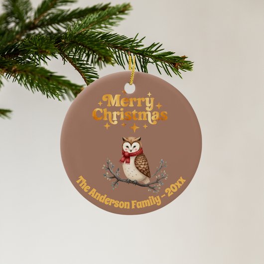 Vrolijke kerst mocha goud schattige uil keramisch ornament
