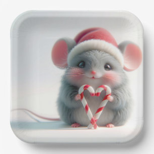 Vrolijke kerst muis met snoep rieten hart papieren bordje