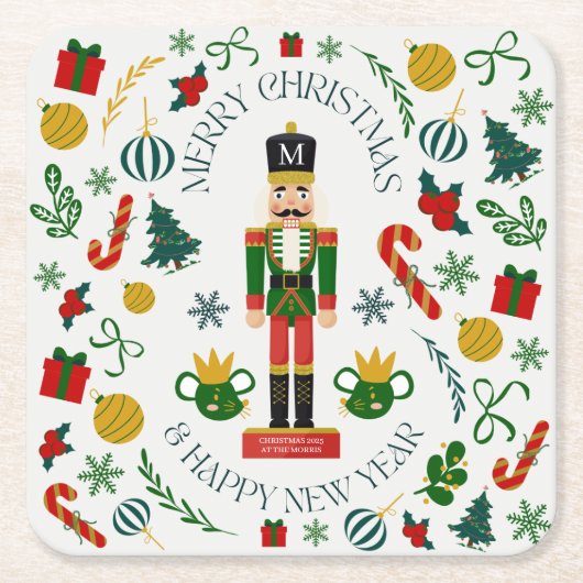 Vrolijke kerst notenkraker custom monogram kartonnen onderzetters (Voorkant)