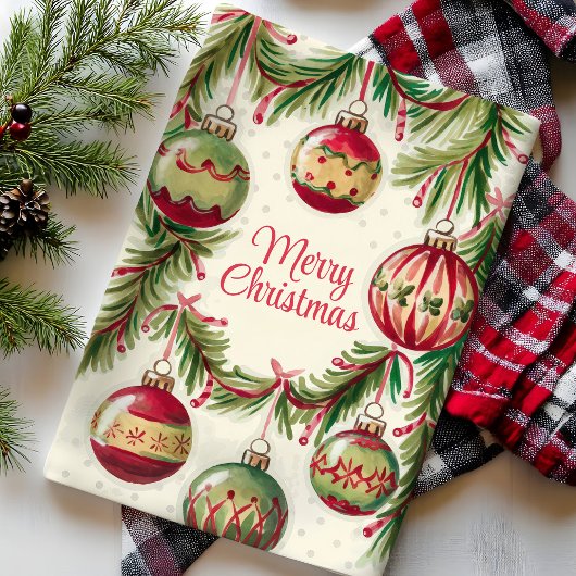 Vrolijke kerst Ornamenten en Pine Branches Theedoek