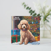 Vrolijke kerst Poedel met kerstboom, geschenken Feestdagenkaart (Staand voorkant)