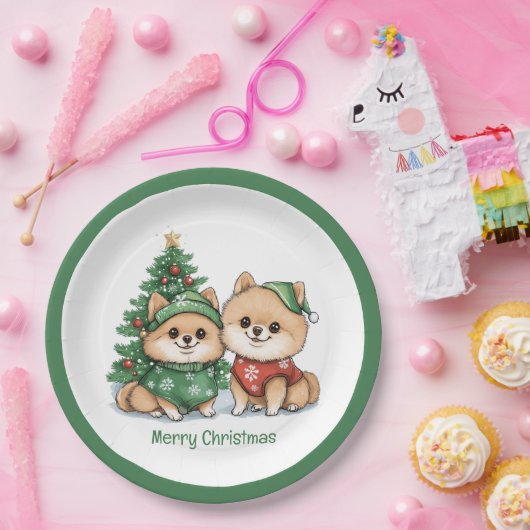 Vrolijke kerst Pommerse honden Papieren Bordje (Feest)