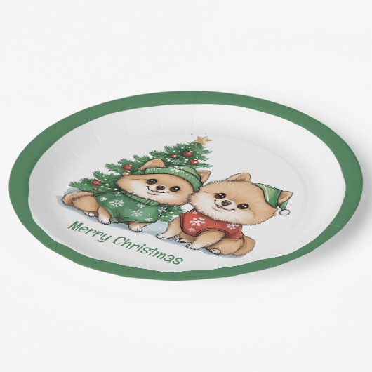Vrolijke kerst Pommerse honden Papieren Bordje (Gekanteld)