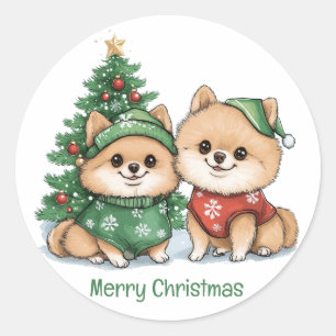 Vrolijke kerst Pommerse honden Ronde Sticker