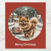 Vrolijke kerst Pommerse rendier hond Wijn Etiket (Enkel label)
