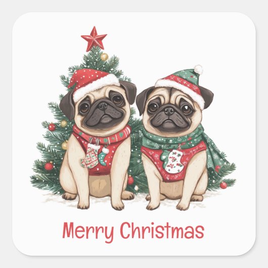 Vrolijke kerst Pug Dogs Vierkante Sticker (Voorkant)