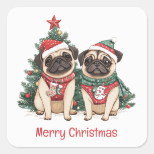 Vrolijke kerst Pug Dogs Vierkante Sticker