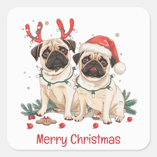 Vrolijke kerst Pug Dogs Vierkante Sticker (Voorkant)