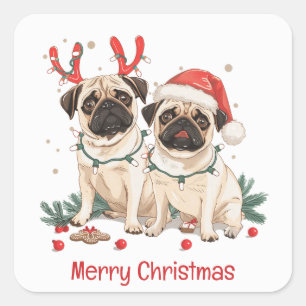 Vrolijke kerst Pug Dogs Vierkante Sticker
