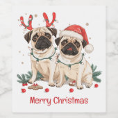 Vrolijke kerst Pug Dogs Wijn Etiket (Enkel label)