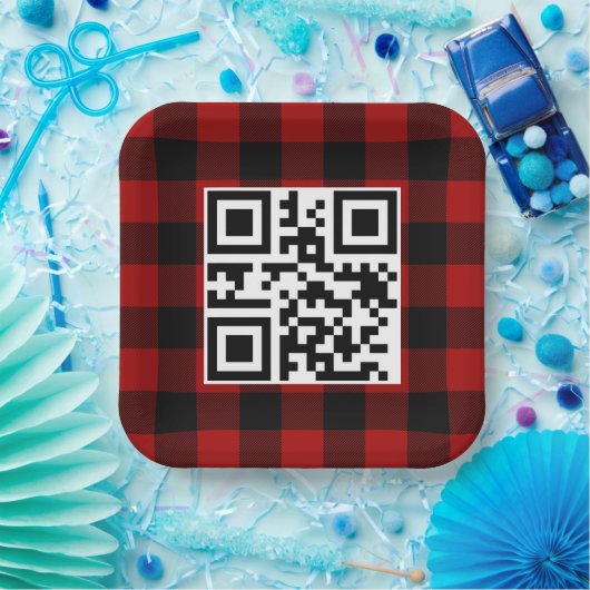 Vrolijke kerst QR-code op Buffalo Plaid Papieren Bordje (Feest)