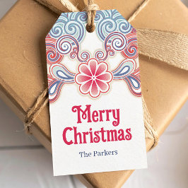 Vrolijke kerst retro rood en blauw cadeaulabel