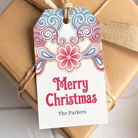 Vrolijke kerst retro rood en blauw cadeaulabel