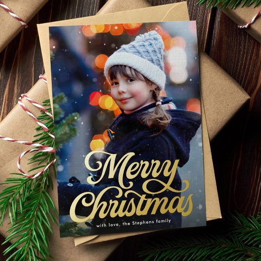 Vrolijke kerst retro script klassieke foto folie feestdagenkaart