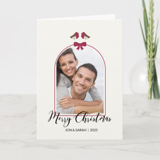 Vrolijke kerst Robins en Red Bow Arched Feestdagen Kaart (Voorkant)