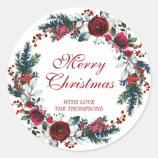 Vrolijke kerst rode bloemenkrans winter ronde sticker (Voorkant)