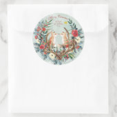 Vrolijke kerst rode bloemige wintervossen ronde sticker (Tas)