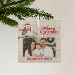 Vrolijke kerst rode foto beige jute uil glas ornament