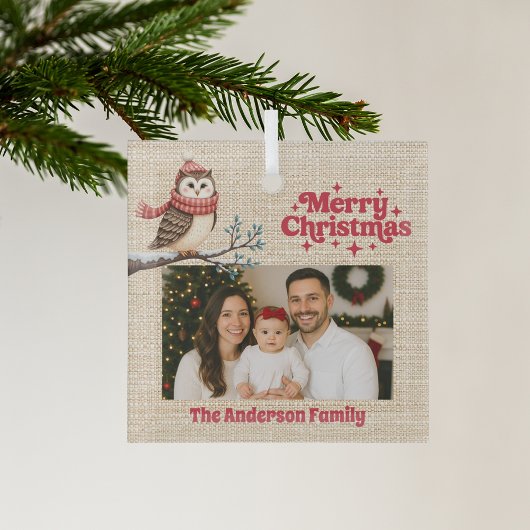 Vrolijke kerst rode foto beige jute uil glas ornament