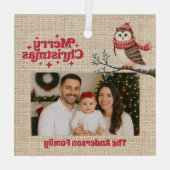 Vrolijke kerst rode foto beige jute uil glas ornament (Achterkant)