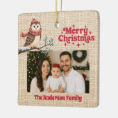 Vrolijke kerst rode foto beige jute uil keramisch ornament (Links)