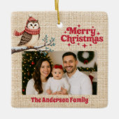 Vrolijke kerst rode foto beige jute uil keramisch ornament (Voorkant)