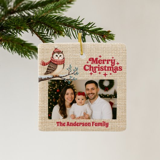 Vrolijke kerst rode foto beige jute uil keramisch ornament