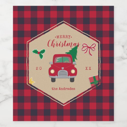 Vrolijke Kerst Rode Vrachtwagen Buffel Plaid Vakan Wijn Etiket (Enkel label)