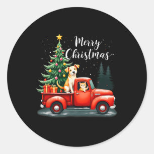 Vrolijke kerst rode vrachtwagen met hond en verste ronde sticker