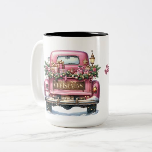 Vrolijke kerst Roze Truck Tweekleurige Koffiemok (Voorkant links)