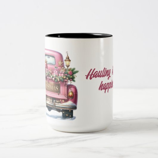 Vrolijke kerst  Roze Truck Tweekleurige Koffiemok (Center)