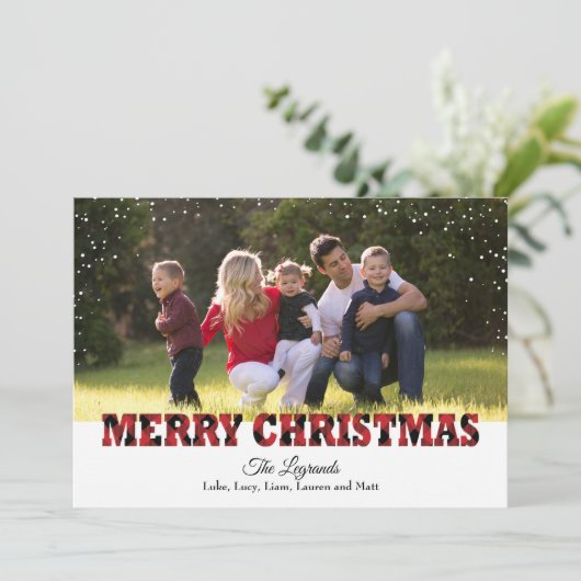 Vrolijke kerst sneeuw Kaart | Buffalo Plaid (Staand voorkant)