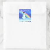 Vrolijke kerst sneeuwman en regenboog vierkante sticker (Tas)