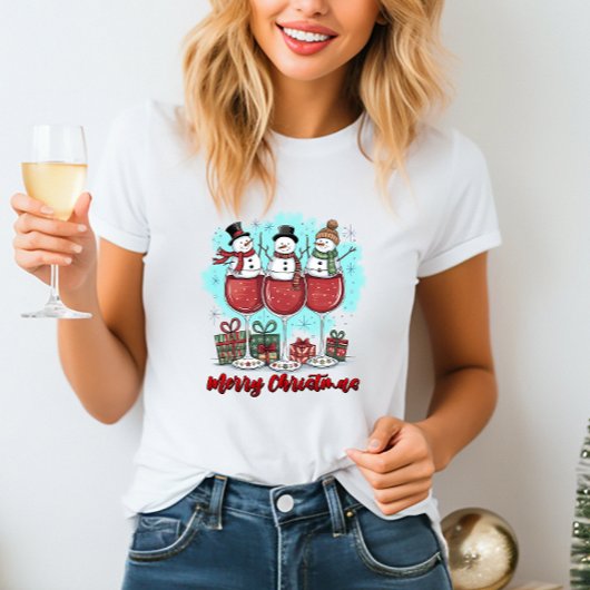 Vrolijke kerst sneeuwman en wijn T-shirt