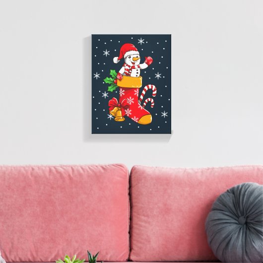 Vrolijke kerst sneeuwman in kousen canvas afdruk (Insitu (Woonkamer))
