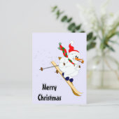 Vrolijke kerst sneeuwman op ski's feestdagenkaart (Staand voorkant)