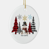 Vrolijke kerst sneeuwman Plaid kerstboom Keramisch Ornament (Rechts)